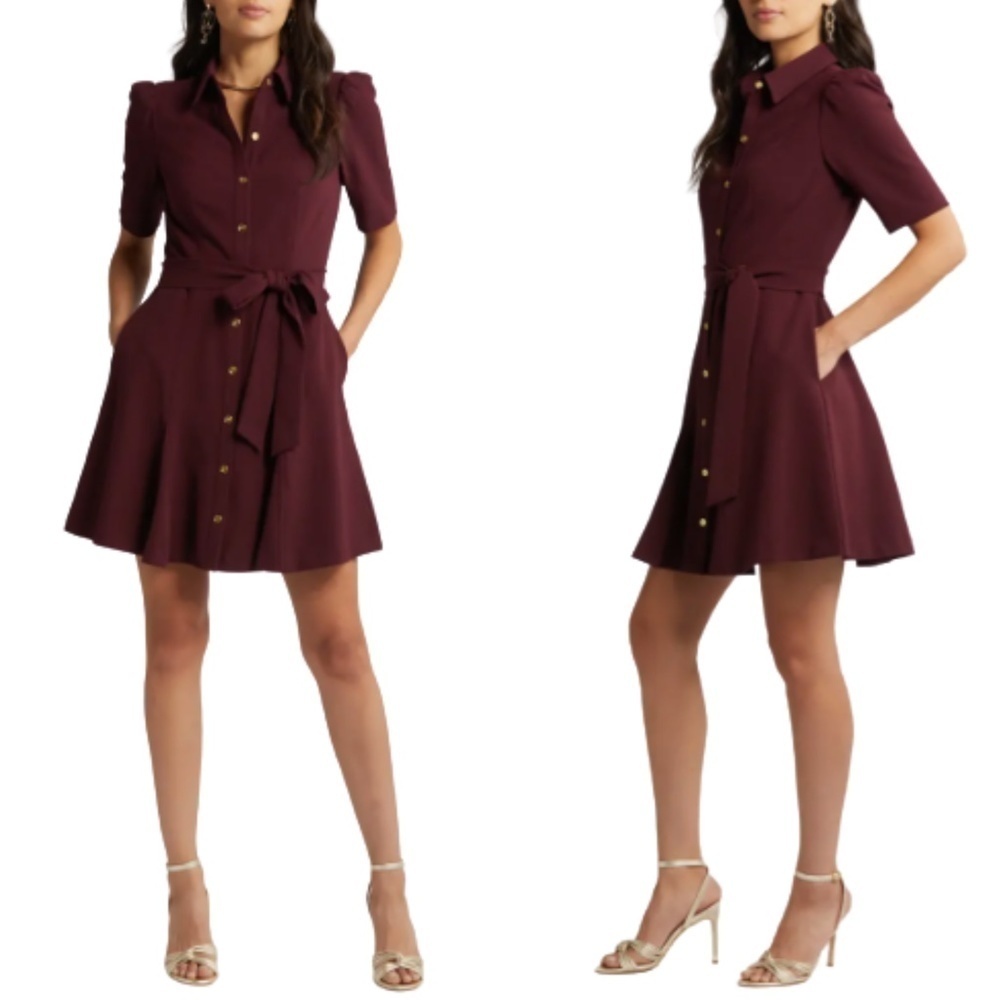 NEW Eliza J Puff Sleeve Shirt Dress in Wine Sz. 14